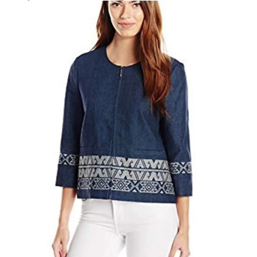 Pendleton Linen Cropped Zip Front Blazer Embroidered Petite Small